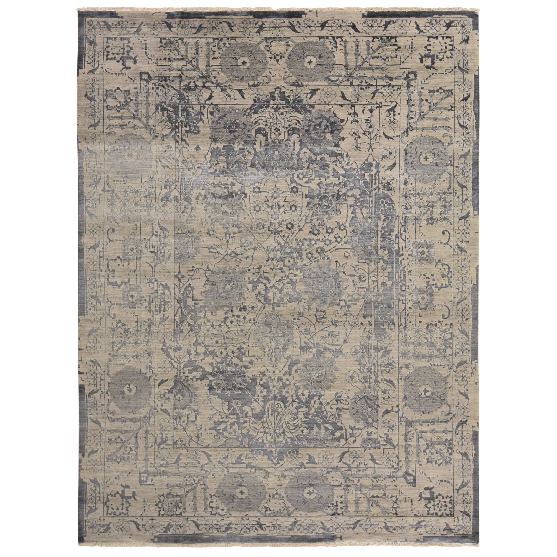 9'1"x12' Tan Color, Broken and Erased Persian Design, Wool and Silk, Transitional, Hand Knotted, Oriental Rug 